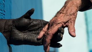 An older human holds hands with a chimpanzee