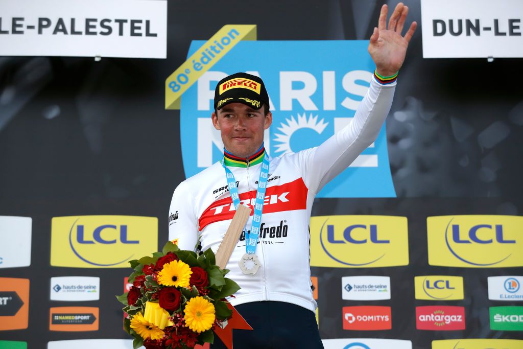 DUNLEPALESTEL FRANCE MARCH 08 Mads Pedersen of Denmark and Team Trek Segafredo celebrates at podium as stage winner during the 80th Paris Nice 2022 Stage 3 a 191km stage from Vierzon to DunlePalestel ParisNice WorldTour on March 08 2022 in DunlePalestel France Photo by Bas CzerwinskiGetty Images
