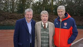 England football manager Roy Hodgson (left) and Arsenal manager Arsene Wenger (right) joining Michael Crawford in a Some Mothers Do 'Ave 'Em Sport Relief sketch.