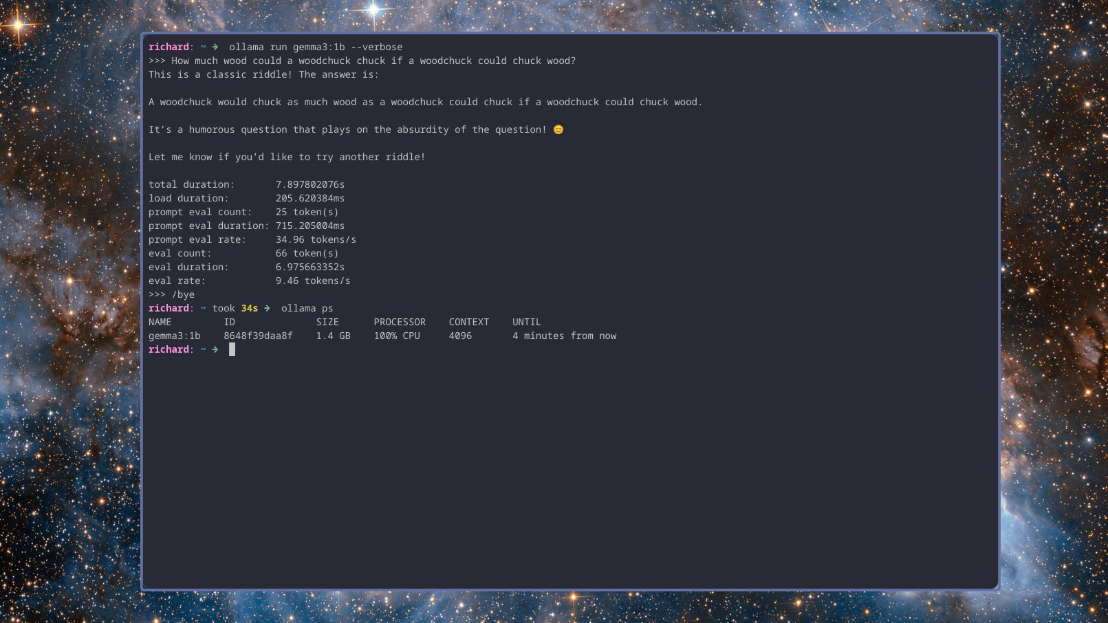 Ollama performance stats running on a Ryzen 5 2500U on battery power.