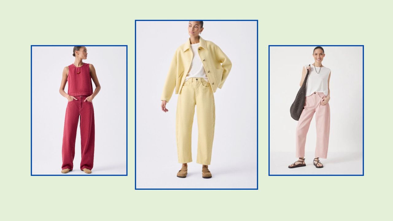 three models wearing coloured denim from hush