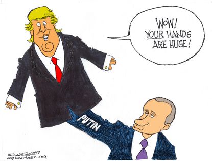 Political cartoon U.S. Russian roulette Trump Putin NRA gun