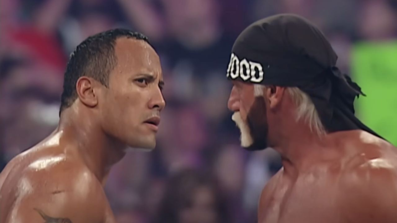 The Rock and Hulk Hogan facing off at the start of their WrestleMania 18 match.
