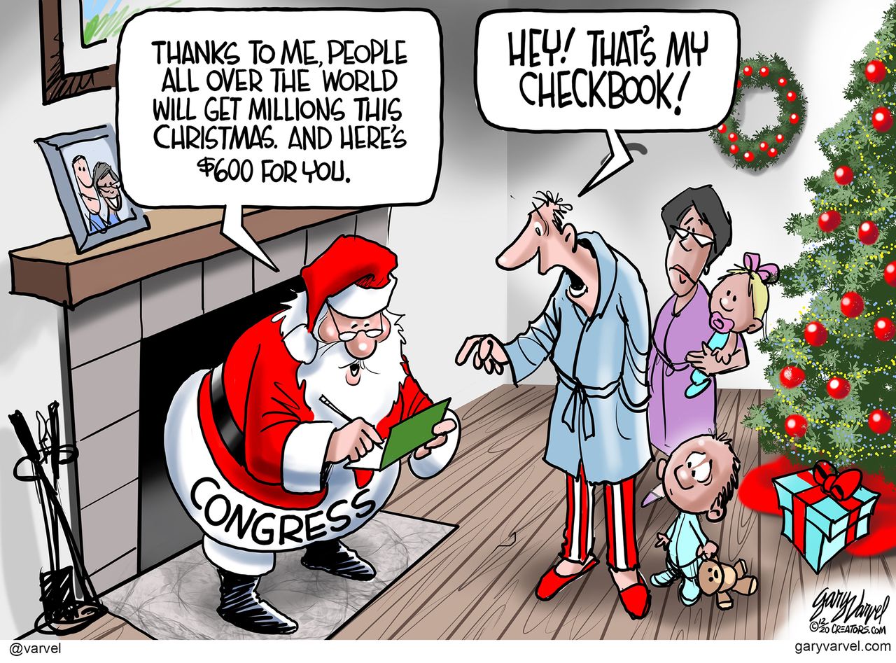 Political Cartoon U.S. Congress Covid stimulus Santa Claus