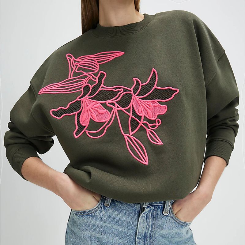 River Island , Khaki Contrast Embroidered Floral Sweatshirt