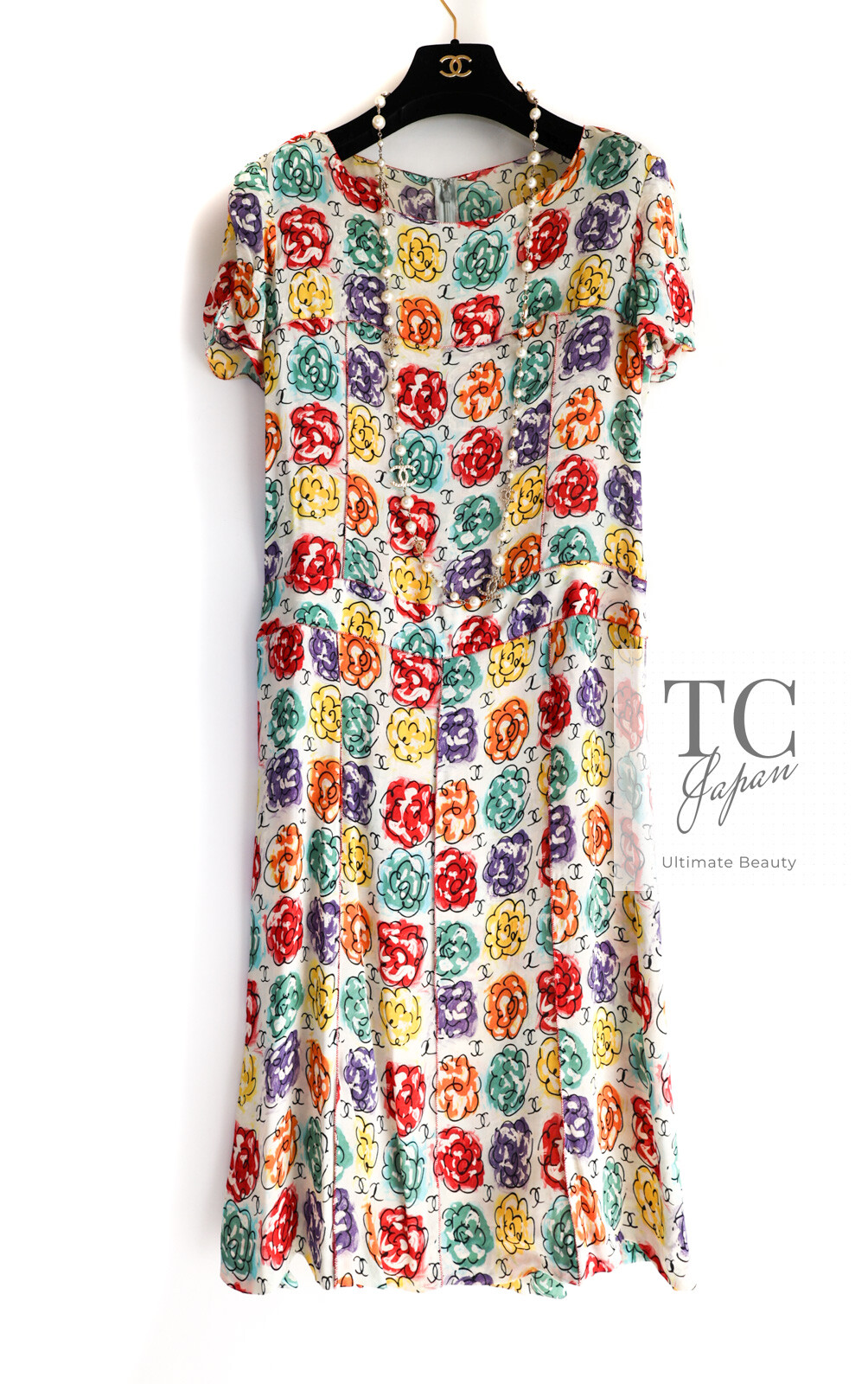 Chanel 98s Vintage Cc Logo Floral Pattern Multicolor Silk 100% Dress 40 Us8