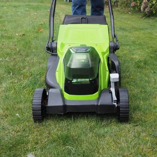 Greenworks G24X2LM36 Cordless Lawnmower during testing at home