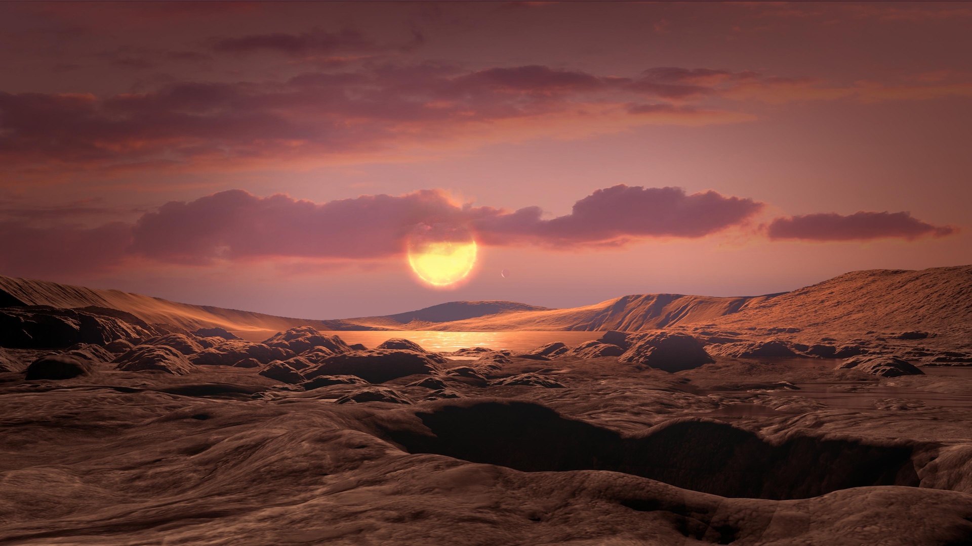 A drawing of a rocky landscape with a red-orange sun setting in the background.