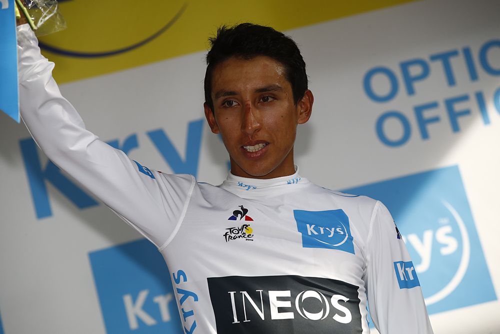 Egan Bernal in the white jersey