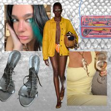 Collage of models walking the runway, an image of Dua Lipa with turquoise mascara, and accessories with fish motifs against a fish scale backdrop.