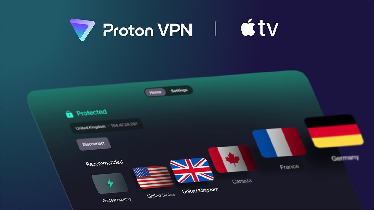 Image shows Proton VPN&#039;s Apple TV menu and a selection of country servers