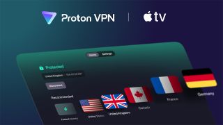 Image shows Proton VPN&#039;s Apple TV menu and a selection of country servers