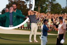 Rory McIlroy reacting to winning The Masters on the 18th green at Augusta National, with images of Rory McIlroy shaking hands with playoff opponent Justin Rose and receiving the Green Jacket from Scottie Scheffler
