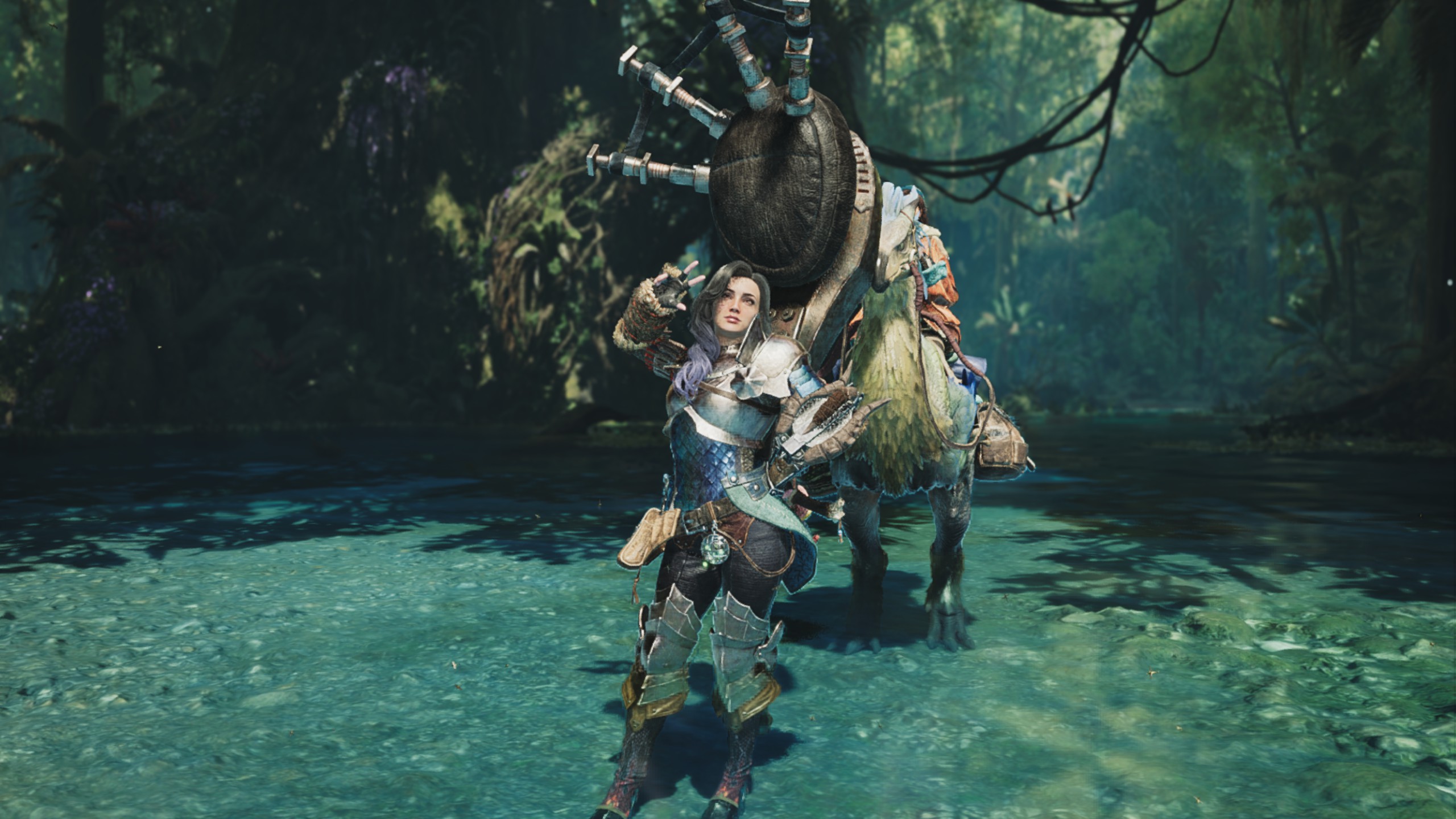 A female Hunter wielding her Hunting Horn on her back poses cutely.