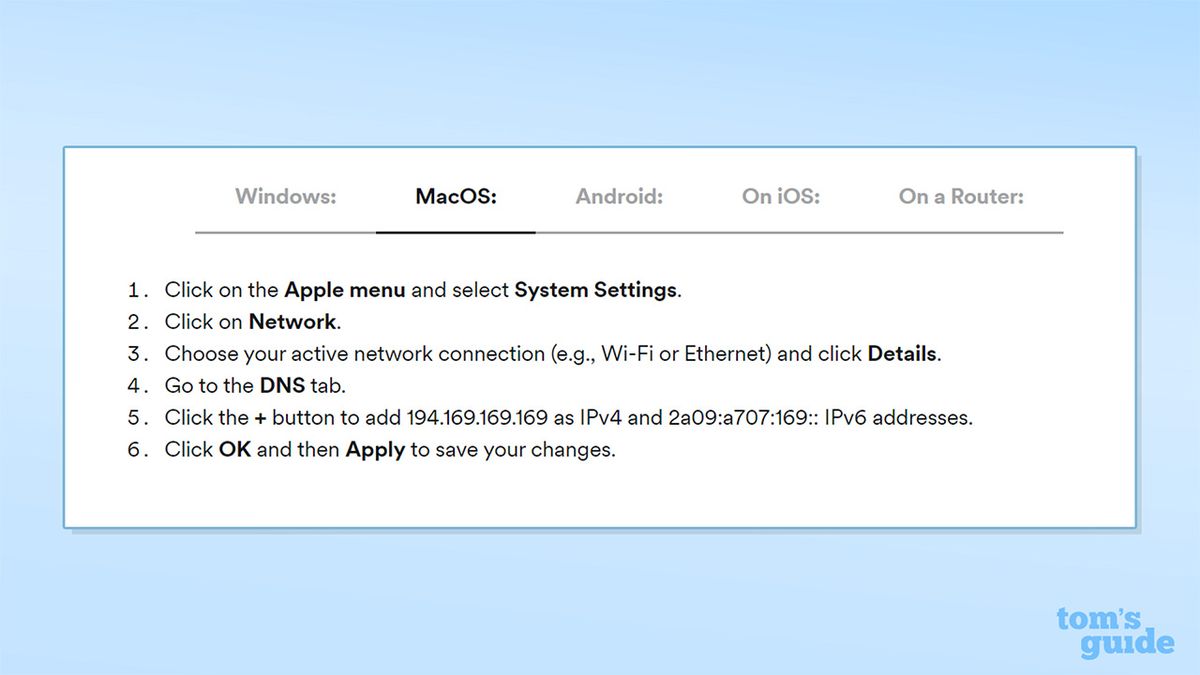 Screenshot from Surfshark's website detailing how to access Surfshark DNS on MacOS
