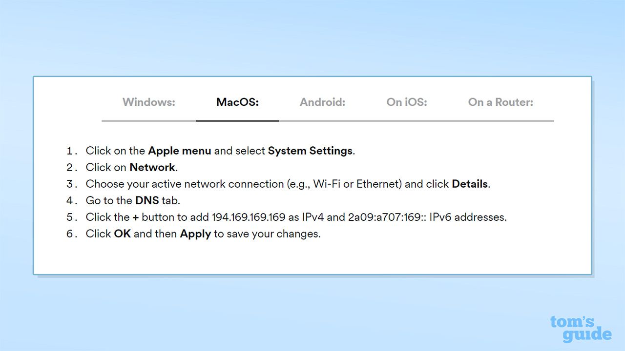 Screenshot from Surfshark's website detailing how to access Surfshark DNS on MacOS