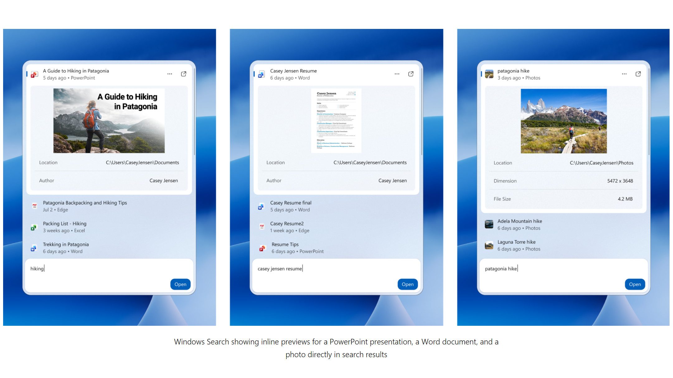 Windows 11 search revamp October 2026, screenshot showing three example searches