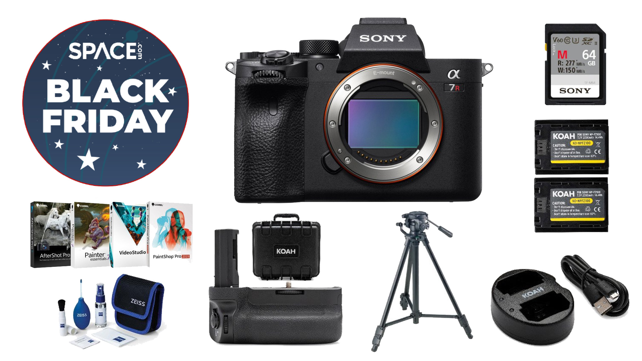 View of Sony A7R IVA accessory bundle on a white background with black friday deal badge