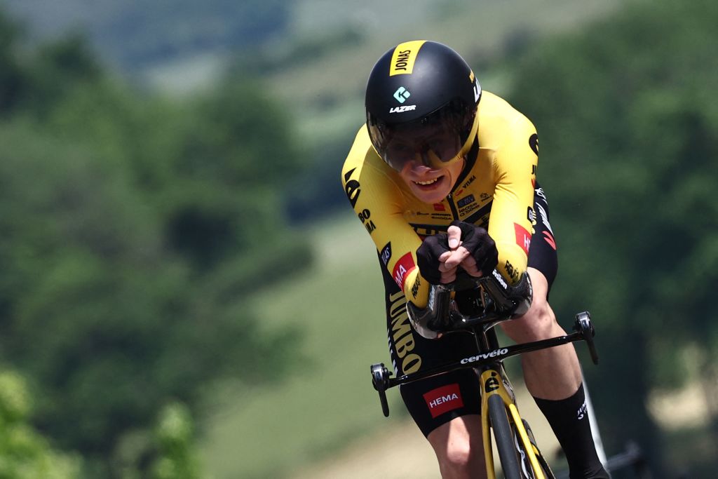 JumboVismas Danish rider Jonas Vingegaard competes in the fourth stage of the 75th edition of the Criterium du Dauphine cycling race individual time trial 311km between Cours to Belmont de La Loire France on June 7 2023 Photo by AnneChristine POUJOULAT AFP Photo by ANNECHRISTINE POUJOULATAFP via Getty Images