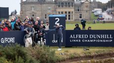 Tyrrell Hatton tees off on the second at St Andrews Old Course at the 2024 Alfred Dunhill Links Championship