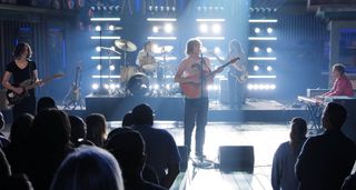 Geese featuring guitarists Emily Green [left] and Cameron Winter [center] &mdash; perform &ldquo;Taxes&rdquo; on Jimmy Kimmel Live! in October