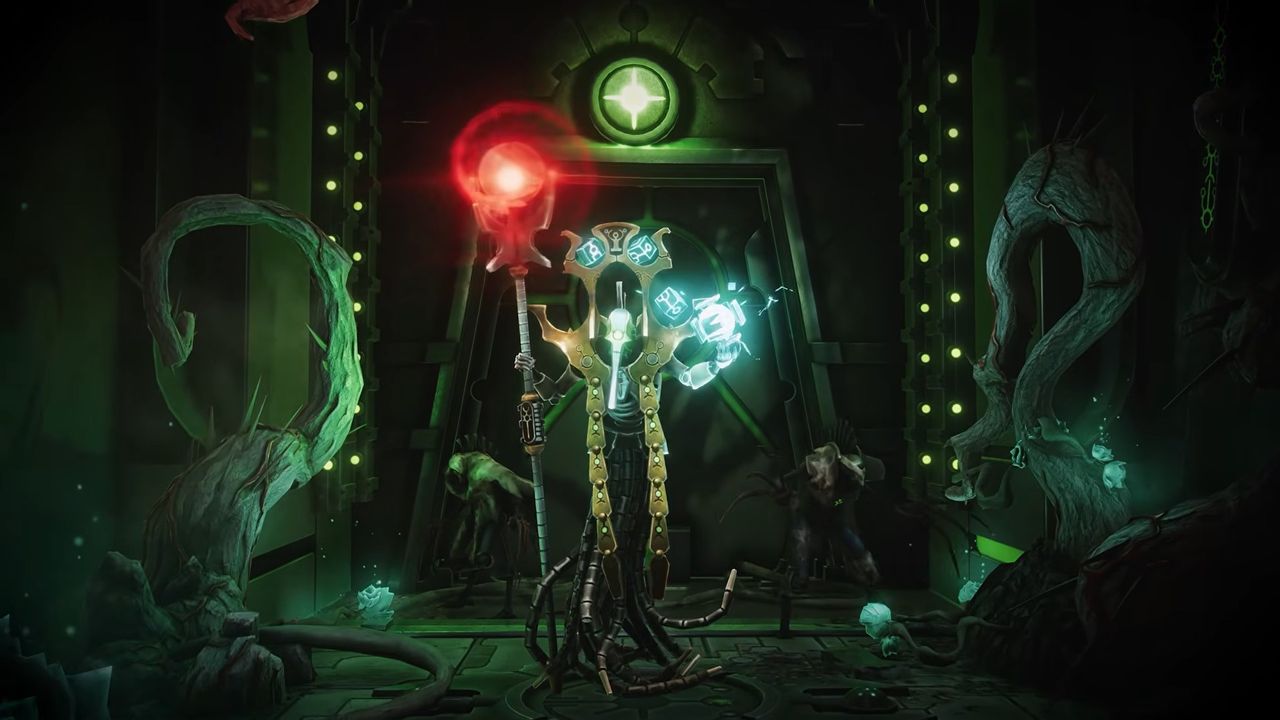 Trailer screenshot of the Necrons, a group of metallic, soulless creatures searching for intruders invading their tomb.