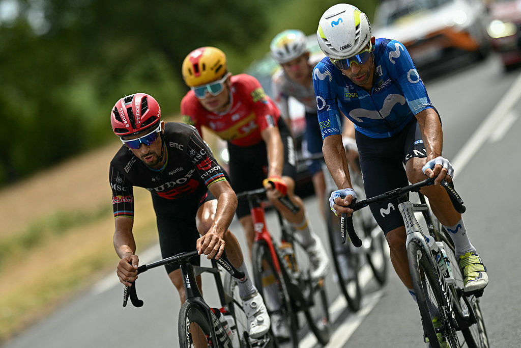 Tudor Pro Cycling Team's French rider Julian Alaphilippe and Movistar Team's Portuguese rider Nelson Oliveira lead a breakaway during the 11th stage of the 113th edition of the Tour de France cycling race, 161,3 km between Vichy and Nevers in central France, on July 15, 2026. (Photo by Loic VENANCE / AFP)