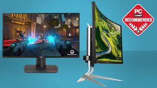 Two of the best gaming monitors side by side on a blue background