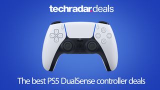 PS5 DualSense controller on a blue background