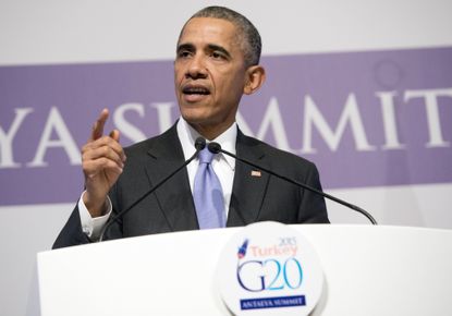 US President Barack Obama speaking at a press conference after the G20 Summit