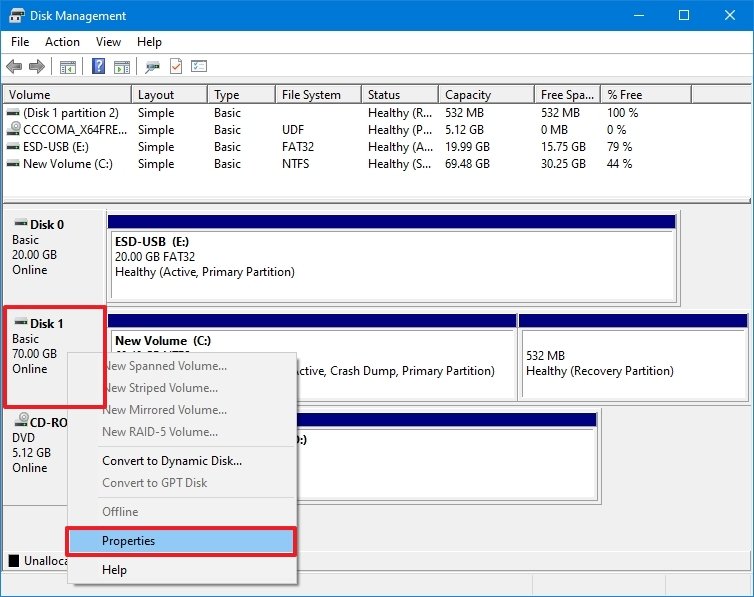 Disk Management open properties