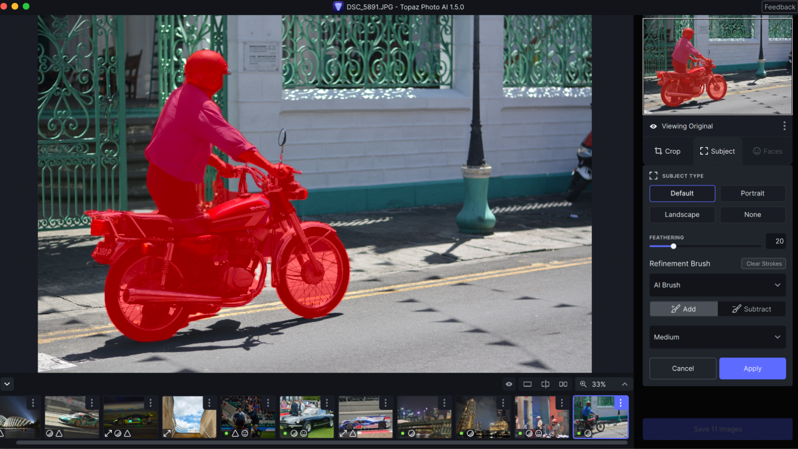Topaz Photo AI masking a motorbike in a street scene