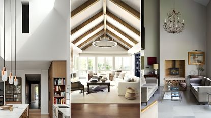 kitchen with high ceiling and skylight / neutral living room with high ceiling and wooden beams / Large living space with high ceilings, gray-beige painted walls, large hanging chandelier over seating area, gray stone flooring, two brown-gray sofas facing one another, rectangular glass coffee table with books, large cut-out fire place with stove and log storage underneath, rounded metallic side tables, matching wooden console tables either side of fireplace, decorated with lamps, ornaments and one painted mounted above on one side 