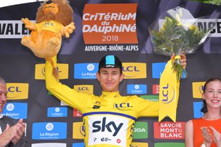 Michal Kwiatkowski in yellow after winning Criterium du Dauphine prologue