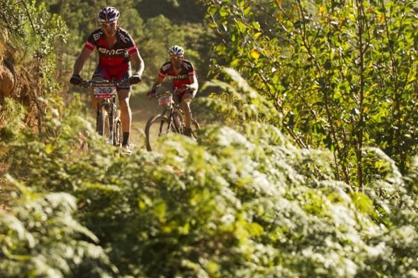 Balthasar Weber and Alexandre Moos of BMC Mountainbike Racing during stage 1 of the 2011 Absa Cape Epic Mountain Bike stage race held from Saronsberg Wine Estate in Tulbagh, South Africa on the 28 March 2011