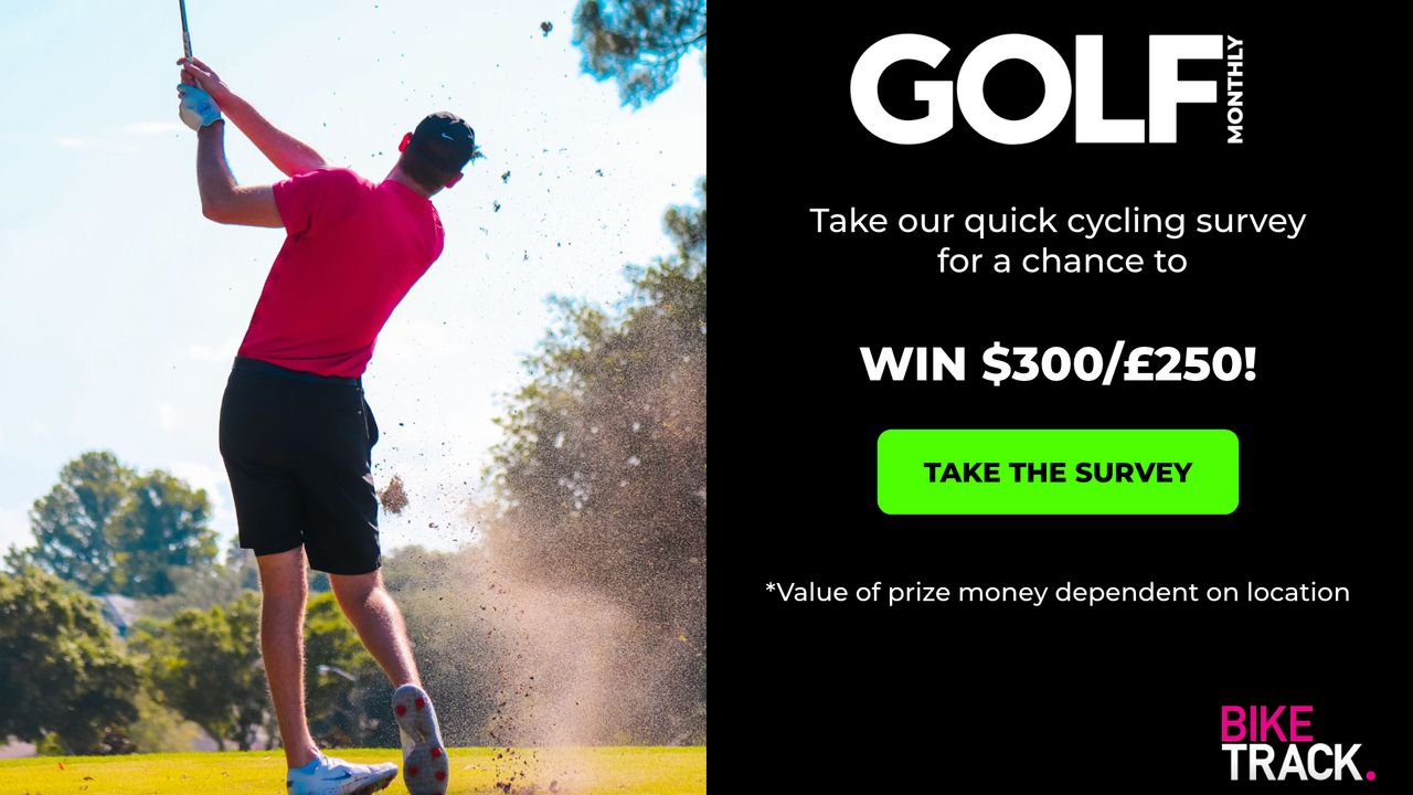 A golfer holds their finish on a shot and a Take The Survey graphic showing you can win $300/&pound;250