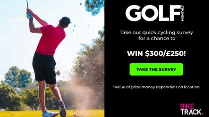 A golfer holds their finish on a shot and a Take The Survey graphic showing you can win $300/£250