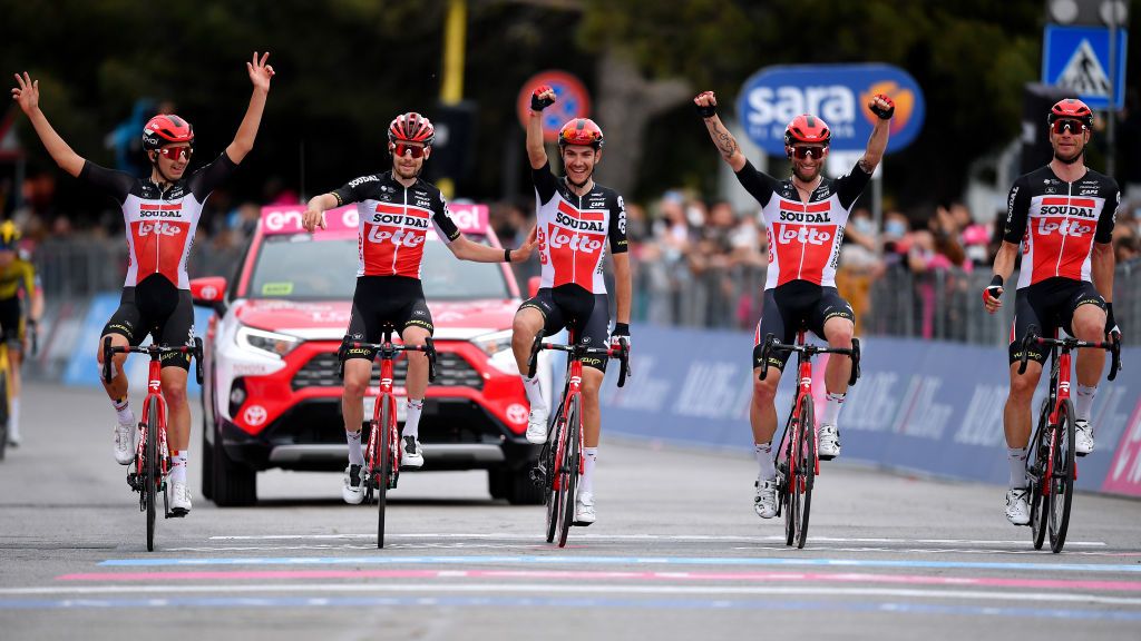 TERMOLI ITALY MAY 14 Jasper De Buyst of Belgium Harm Vanhoucke of Belgium Kobe Goossens of Belgium Tomasz Marczynski of Poland Roger Kluge of Germany and Team Lotto Soudal celebrate at arrival during the 104th Giro dItalia 2021 Stage 7 a 181km stage from Notaresco to Termoli girodiitalia Giro on May 14 2021 in Termoli Italy Photo by Stuart FranklinGetty Images