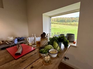 Ingredients are placed on a butcher block table in front of a window that looks out at a green field at Ballintaggart Farm