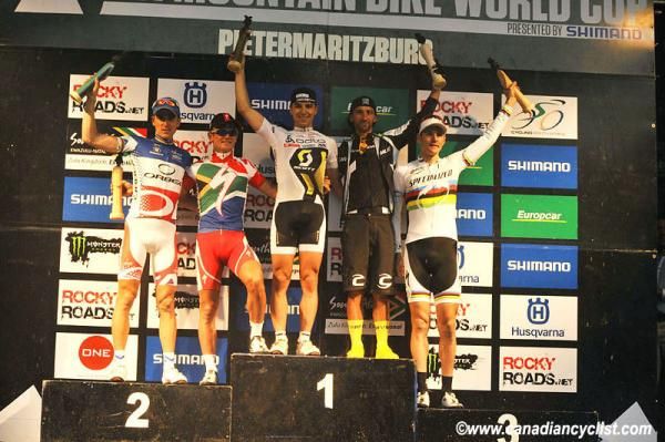 Elite men's podium in Pietermaritzburg: Julien Absalon, Burry Stander, Nino Schurter, Manuel Fumic, Jaroslav Kulhavy