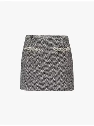 Herringbone-Print Rhinestone -Embellishment Knitted Mini Skirt