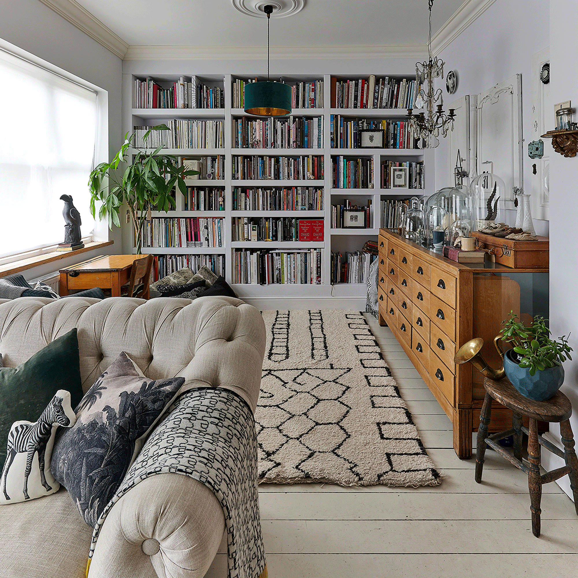 White library with berber rug