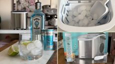 Compilation image showing the Daewoo ice maker in the box, being used and on the kitchen counter
