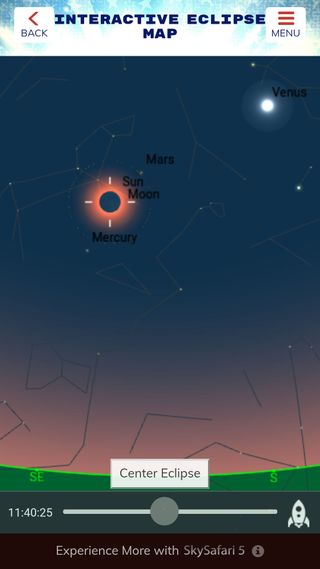 For any viewing location, the app generates a simulation of the sky during all phases of the eclipse. Here, the sky over Casper, Wyoming, is shown at 11:40 a.m., shortly before full totality. The horizon and direction labels will help you plan where to set up and aim a camera tripod or tracking telescope. Major stars and planets will appear during totality, and the app can show you where to look for them. The slider at bottom controls the time shown, allowing the hours spent in the partial phase to be previewed, too.