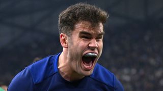 Damian Penaud of France screams in celebration ahead of the Scotland vs France Six Nations 2024 round two clash