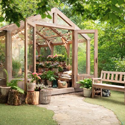 wooden frame greenhouse showing plants and hanging lights with bench outside