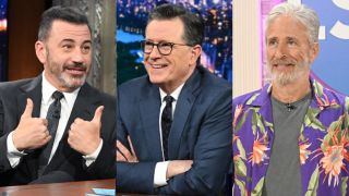 From left to right: Jimmy Kimmel giving two thumbs up, Stephen Colbert crossing his arms and smiling and Jon Stewart wearing a floral top. All on The Late Show.