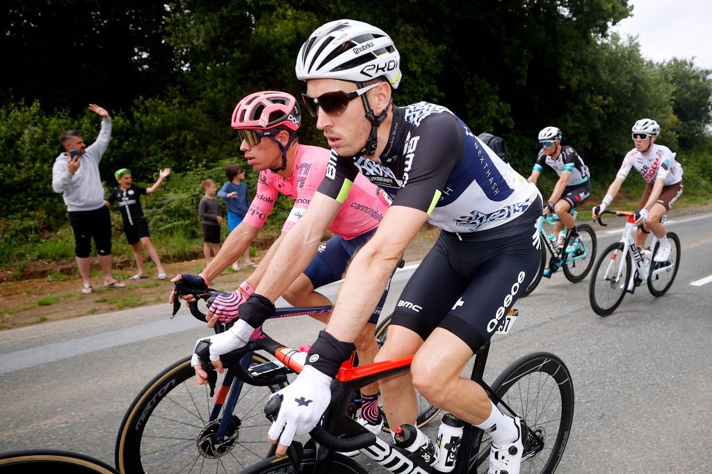 MRDEBRETAGNE GUERLDAN FRANCE JUNE 27 Rigoberto Uran of Colombia and Team EF Education Nippo Michael Gogl of Austria and Team Qhubeka NextHash during the 108th Tour de France 2021 Stage 2 a 1835km stage from PerrosGuirec to MrdeBretagne Guerldan 293m LeTour TDF2021 on June 27 2021 in MrdeBretagne Guerldan France Photo by Chris GraythenGetty Images