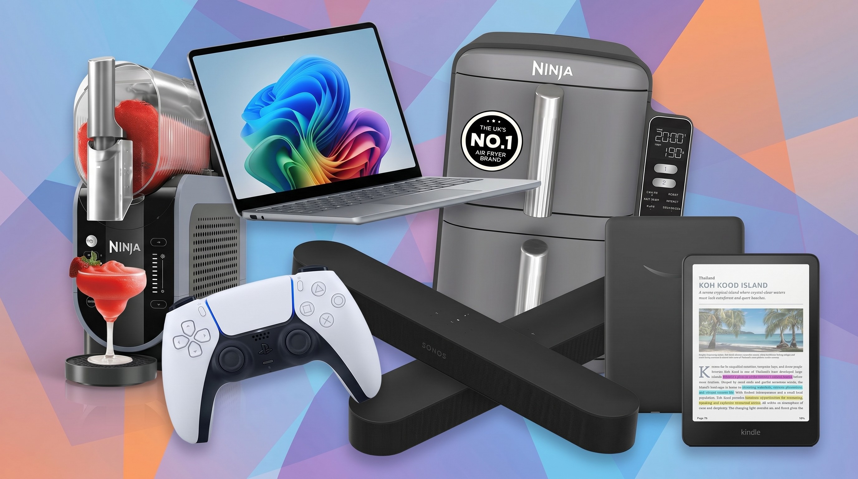 A collage of tech from the early Prime Day deals at Amazon UK, including a Ninja Slushi, Microsoft Surface, DualSense controller, Ninja Air Fryer, Sonos soundbar and Kindle.