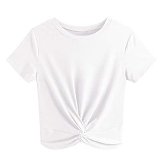 Jinkesi Women's Summer Causal Short Sleeve Blouse Round Neck Crop Tops Twist Front Tee T-Shirt White-Medium